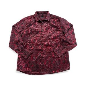 Dibangu Casual Button-Down Red Black Paisley Long Sleeve XXL 80% Silk NWOT